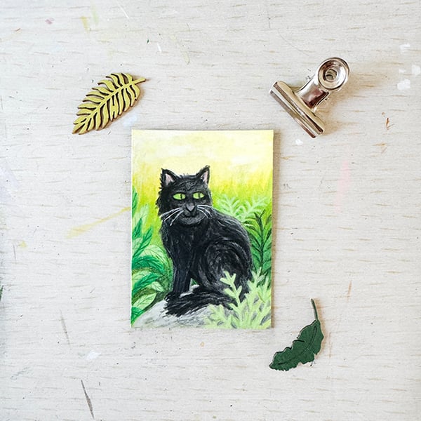 Original Aceo Black Cat Miniature painting - One of a kind