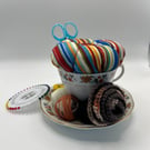 Vintage Teacup Pin Cushion and Sewing Set - Flowers and Stripes (3)