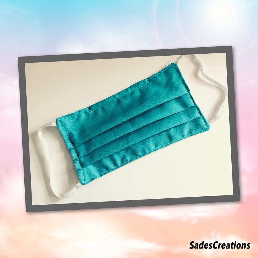 Two Layer Face Covering with Nose Wire in Turquoise . 100% Cotton