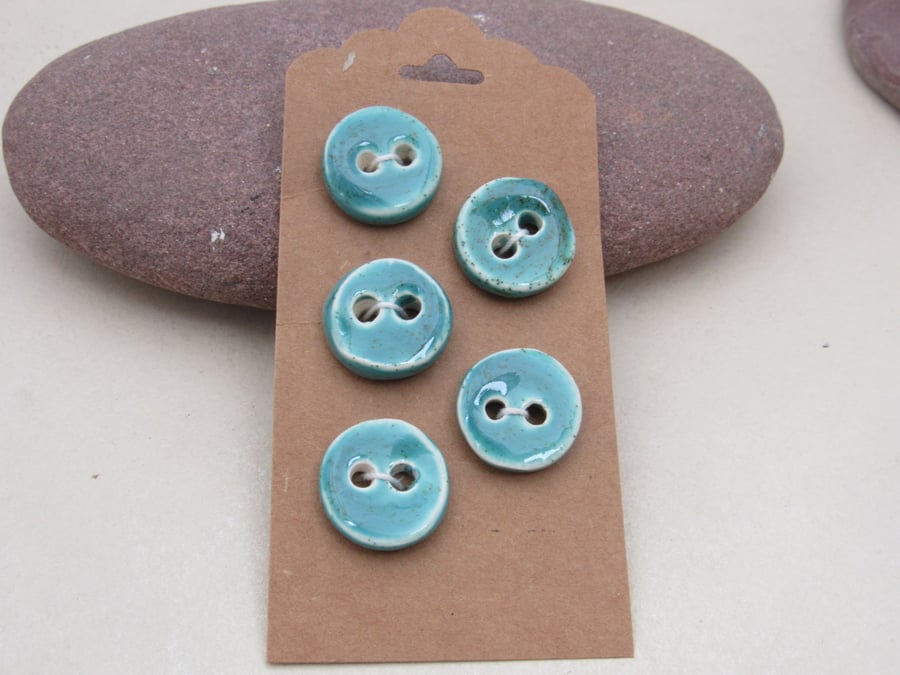 5 Small Round Jade Green Handmade Ceramic Buttons