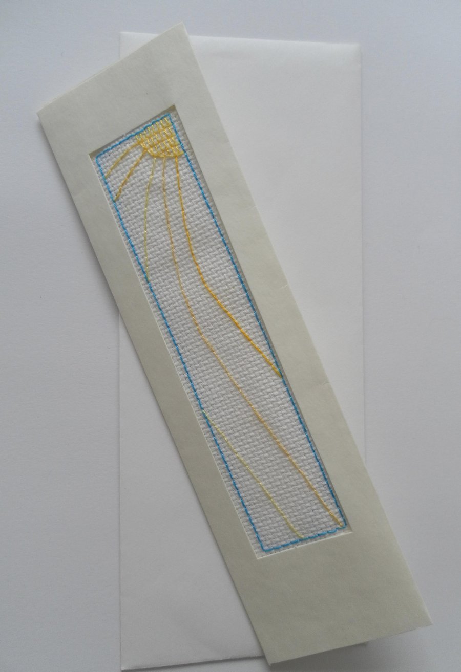 Card, sun motif, hand sewn onto Aida, keepsake bookmark,