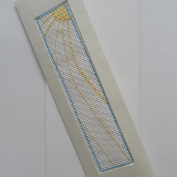 Card, sun motif, hand sewn onto Aida, keepsake bookmark,