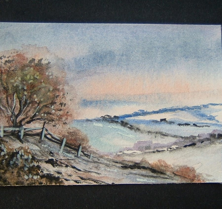 winter landscape watercolour miniature aceo ref 360