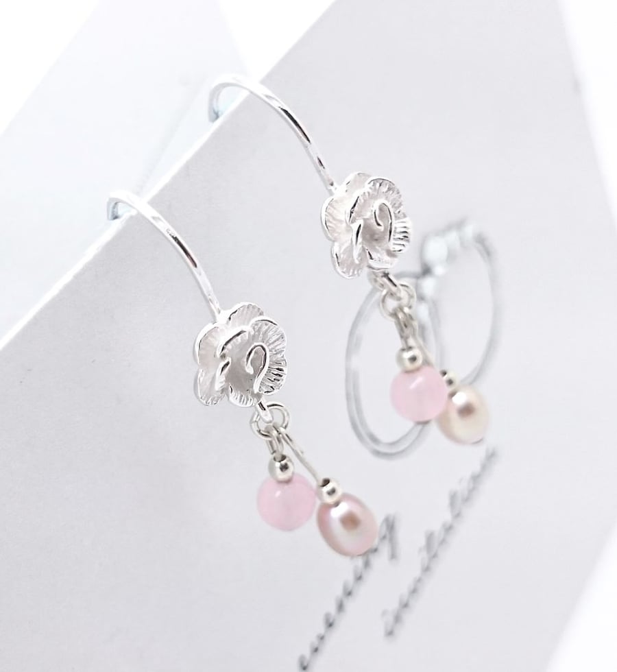 Rose design pearl and rose quartz drop earrings sterling silver