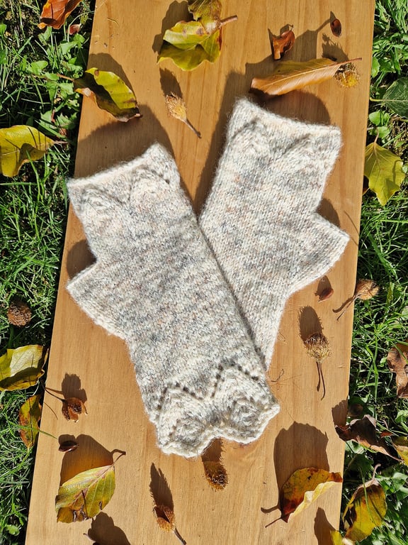 Hand Knitted Cream Tweed Lace Fingerless Gloves 