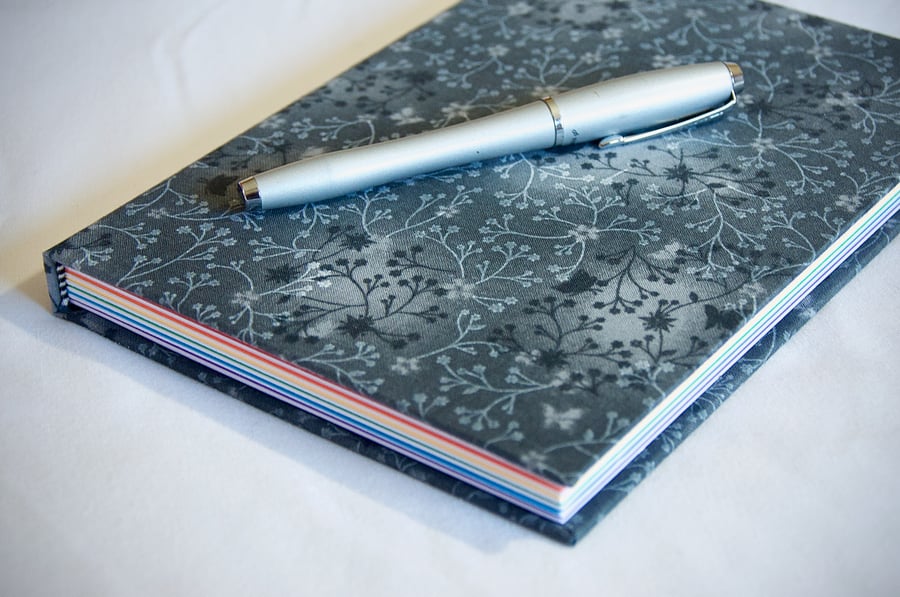 A5 Hardback Notebook with full cloth grey flower cover