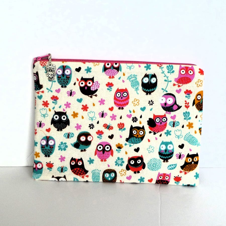 Owl Cotton Fabric Zipper Pouch Fully Lined, Han... Folksy