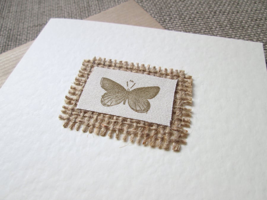 Butterfly Fabric & Hessian Greetings Card, blank inside