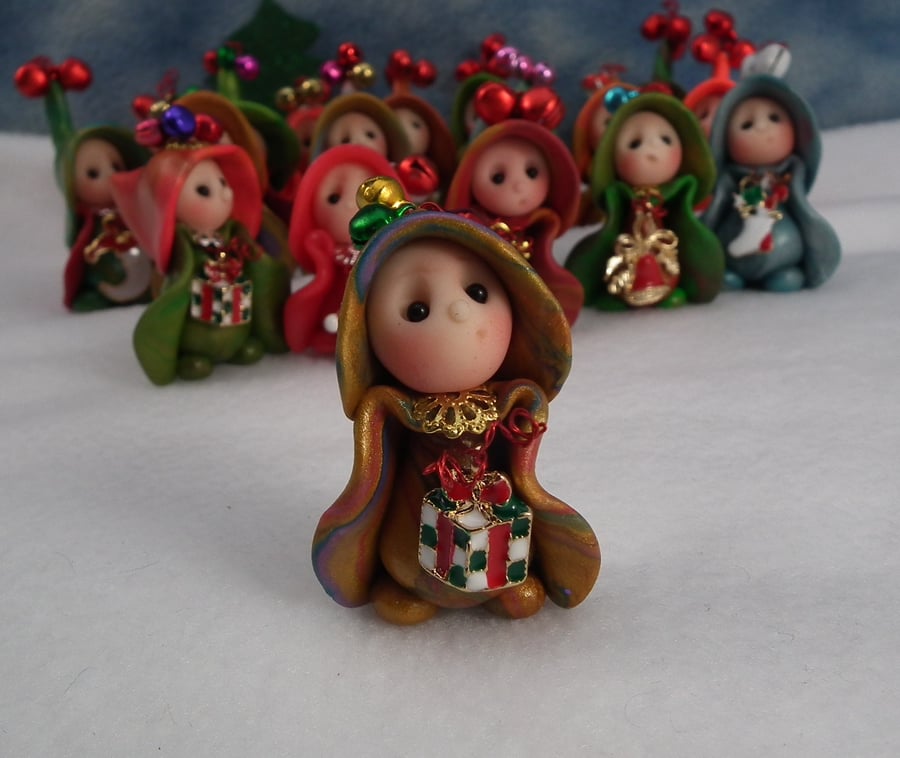 'Andra' Tiny Christmas Gnome Elf with bells OOAK Sculpt by Ann Galvin