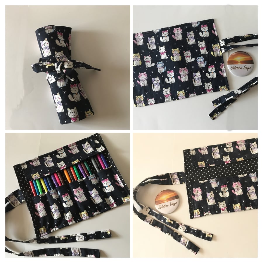 Black roll up pencil case cats cotton fabric, Back to School