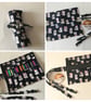 Black roll up pencil case for kids, cats cotton fabric 