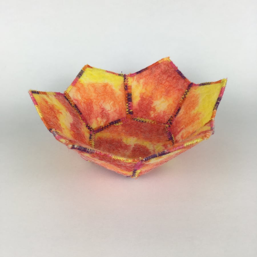 SALE - Nuno felted trinket dish, coin tray, textile bowl, orange, red and yellow