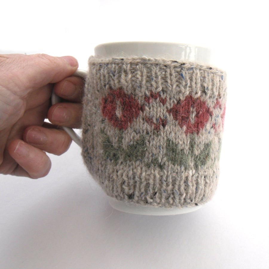 Flower Mug Hug , hand knit mug warmer cosy