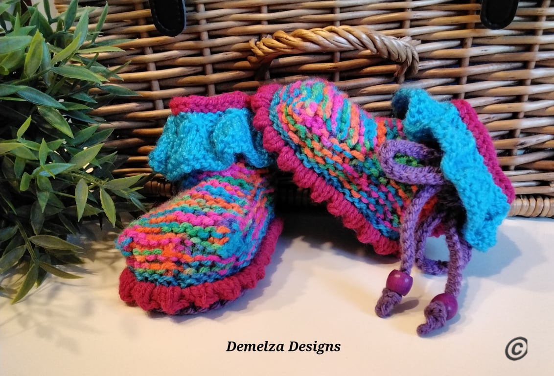 Knitted Baby Girl's Rainbow Winter Stroller Booties  9-12 months size