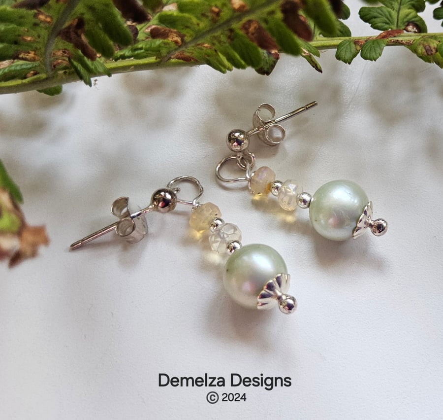 Designer Dainty Mint Green Freshwater Pearls & Ethopian Wello Opal 925 Earrings