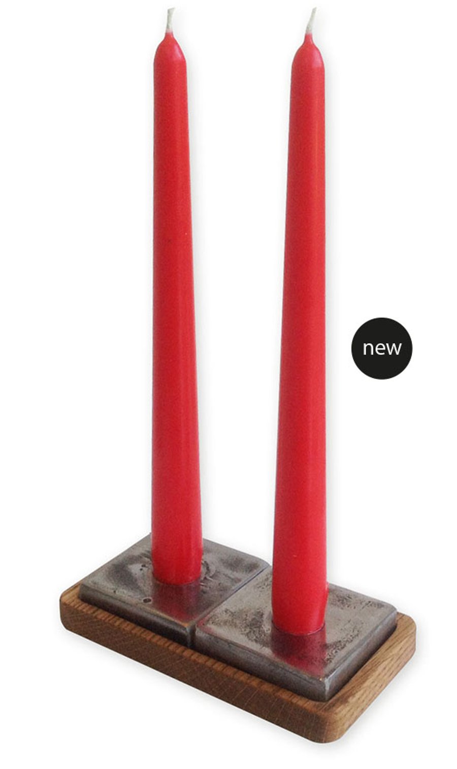 Polished steel twin candle holder set with oak tray and candles