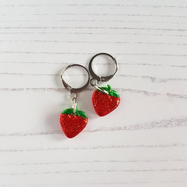Glitter strawberries mini huggie hoop earrings