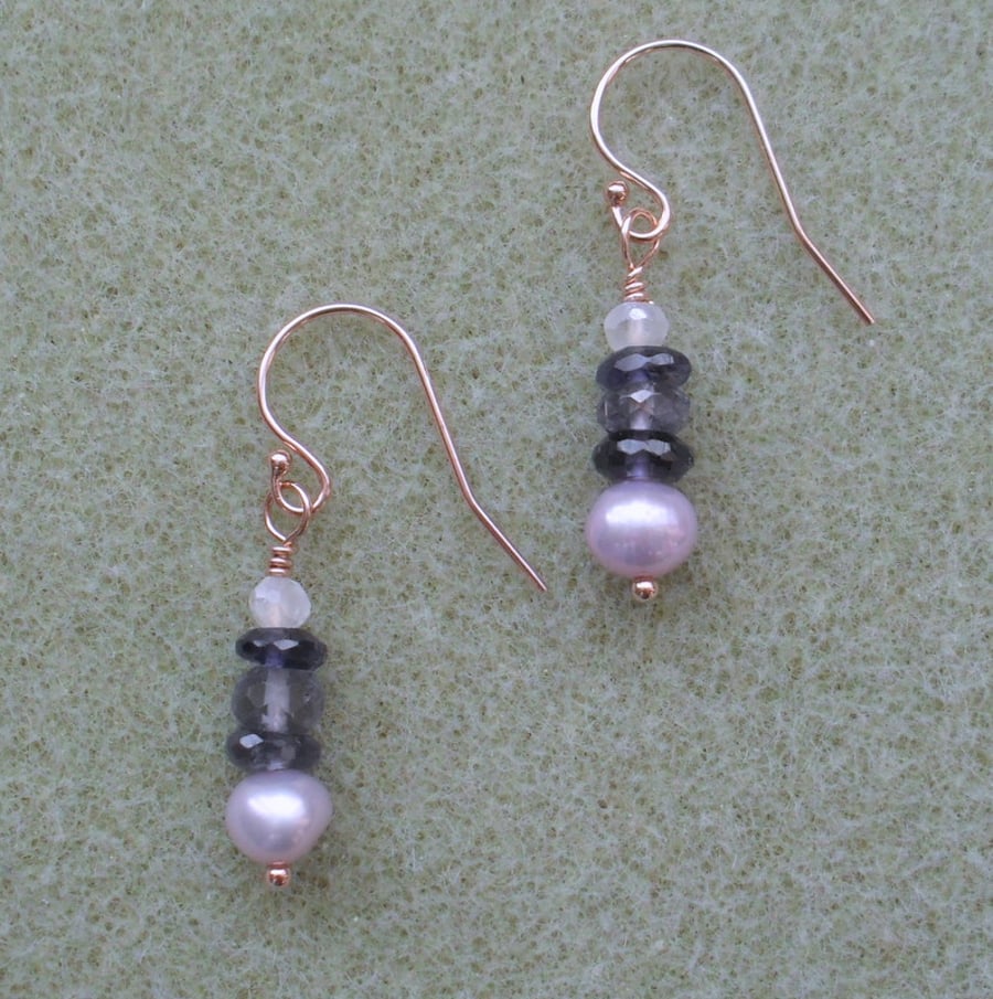 Iolite and Freshwater Pearl Rose Gold Filled Earrings
