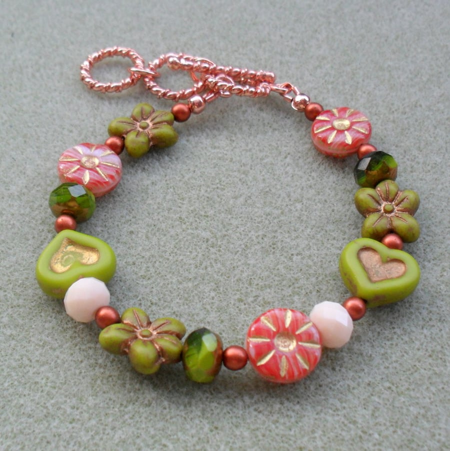 Heart and Flower Bracelet in Green and Peach tones With Rose Gold Plated
