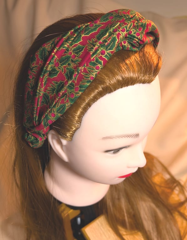 Christmas Cotton twist knot elasticated hairband, Holly & Berries pattern