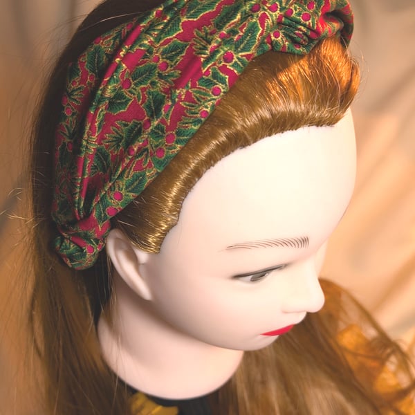 Christmas Cotton twist knot elasticated hairband, Holly & Berries pattern