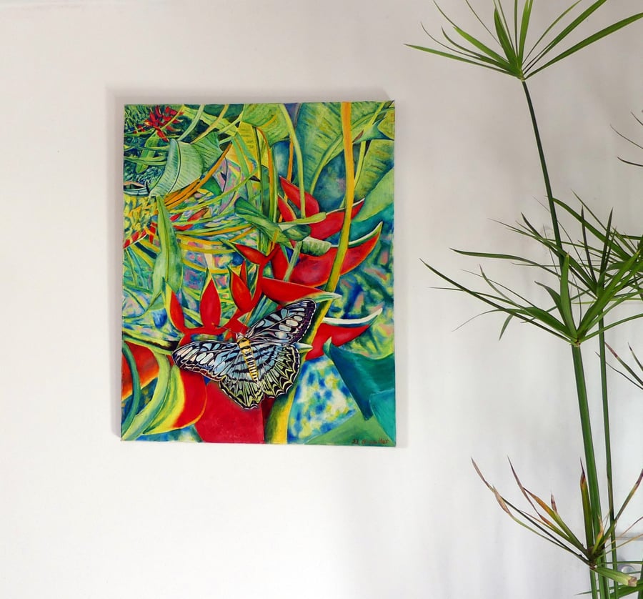 Tropical Scene with Lobster Claw Plant Original Oil Painting 