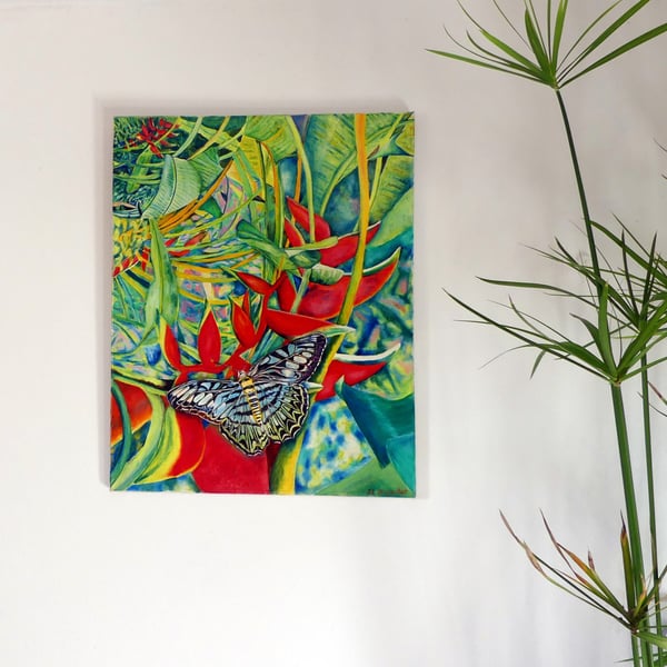 Tropical Scene with Lobster Claw Plant Original Oil Painting 