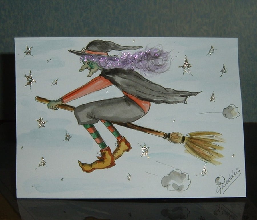 hand painted cartoon witch greetings card (ref 074)