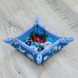 Small Quilted storage box featuring sailboats and seashell fabric.