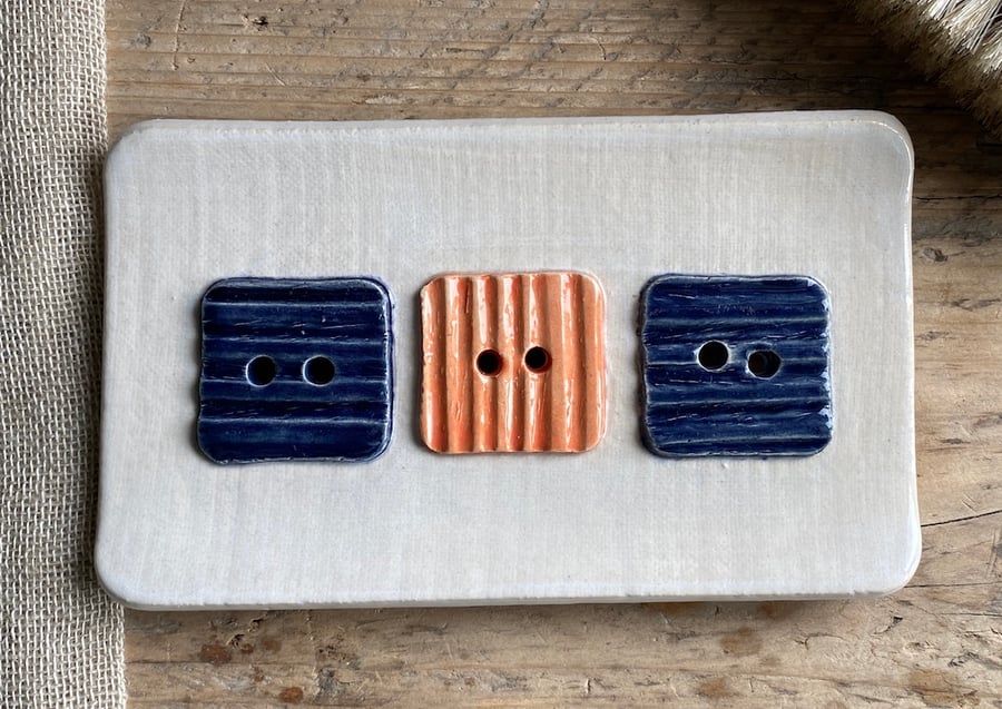 Handmade Ceramic Blue and Orange Button Soap Dish