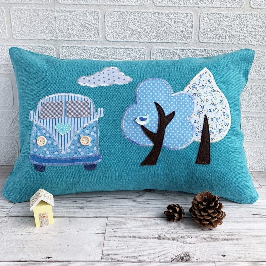 SOLD - Turquoise Campervan Cushion with Trees