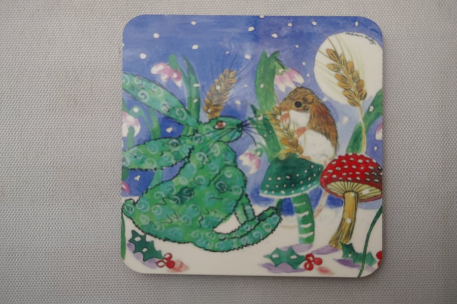 Quirky Green Hare and a Mouse  Coaster 9 cm x 9 cm