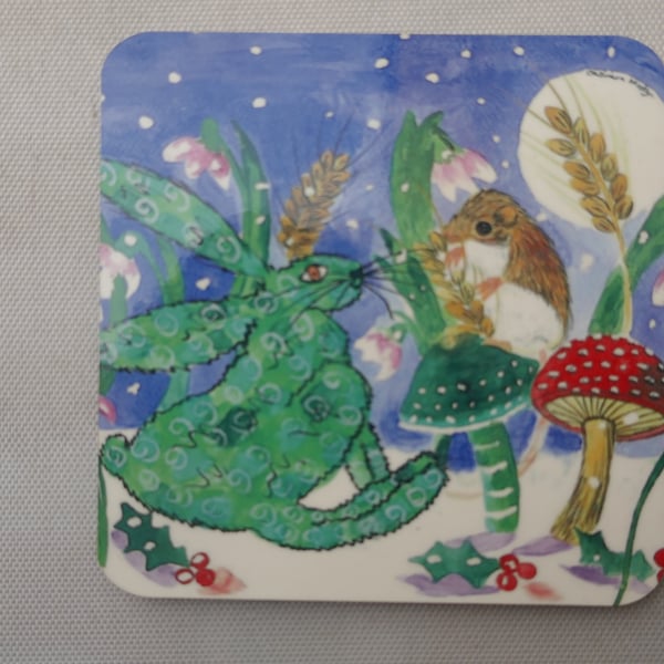 Quirky Green Hare and a Mouse  Coaster 9 cm x 9 cm