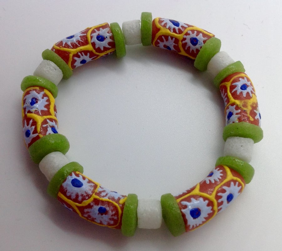 Stretchy bracelet with African beads, pink, lime green and white