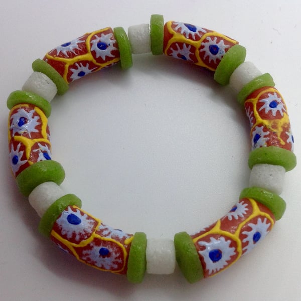 Stretchy bracelet with African beads, pink, lime green and white