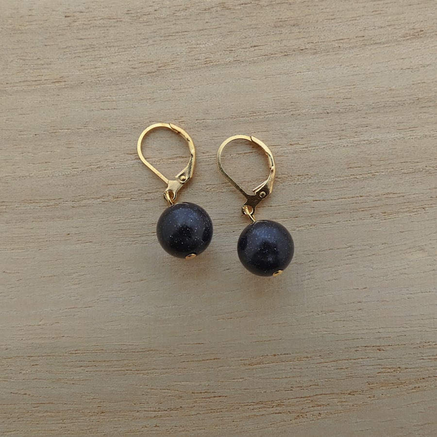 Gold plated blue goldstone leverback earrings. Ref: 317