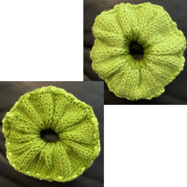 Green Double Sided Knitted Hair Scrunchie Bun Topper Bobble Repurposed