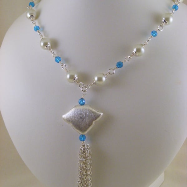 Seconds Sunday Turquoise, White and Silver Pendant Tassel Necklace