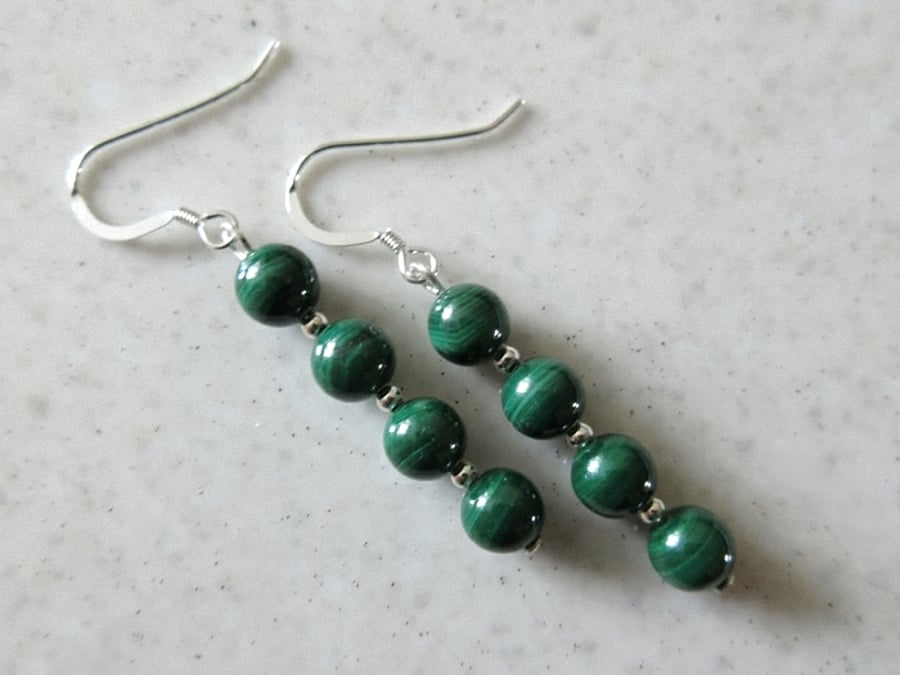 Genuine Natural Dark Green Malachite Earrings With Sterling Silver