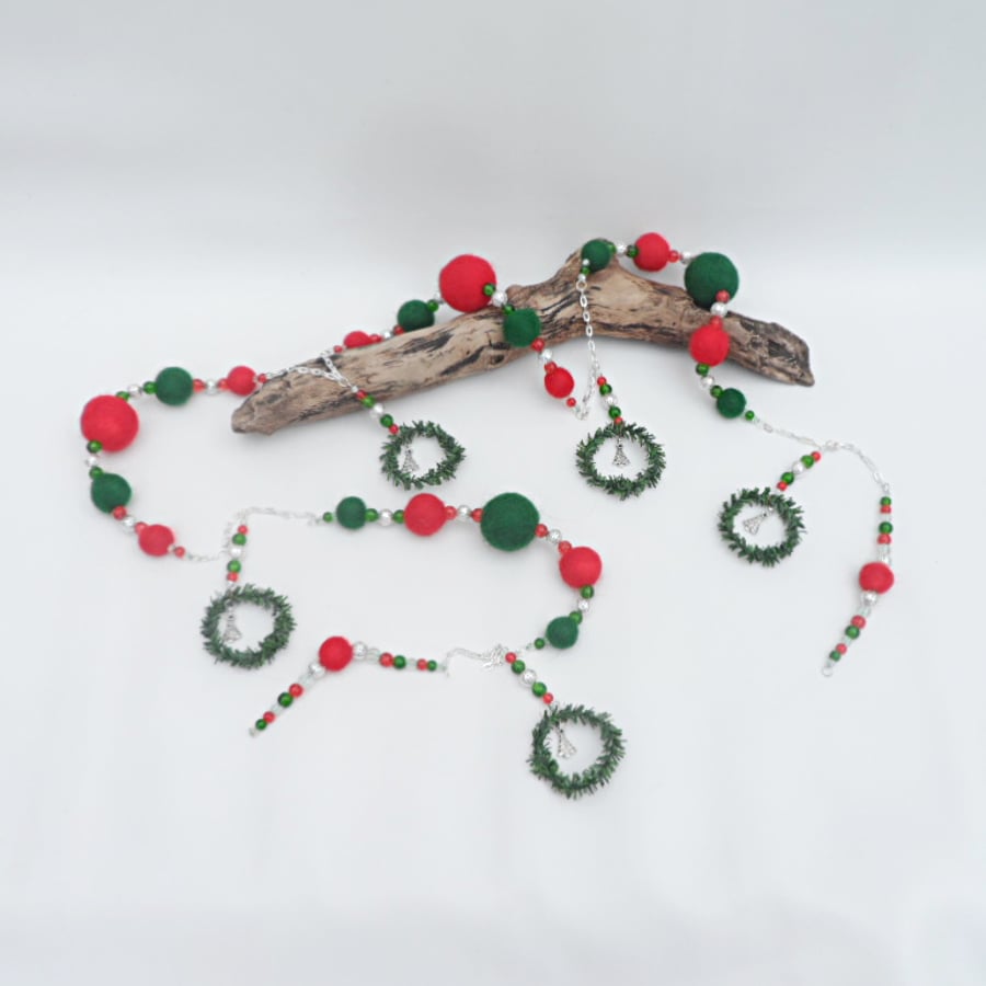Christmas garland, felted ball, bead and mini wreath