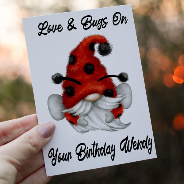 Love & Bugs Gnome Birthday Card, Gonk Birthday Card, Personalized Card, Custom 