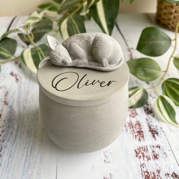 Small personalised concrete sphynx cat urn