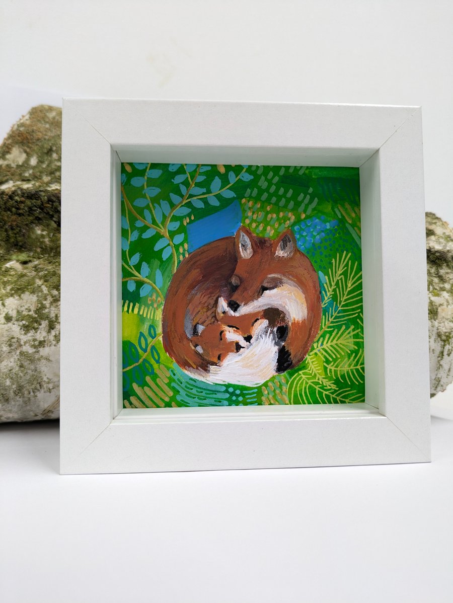 Original Fox painting - original mini framed painting Fox and cubs
