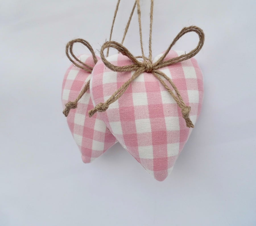 Pair heart shape decorations Laura Ashley pink and white gingham check