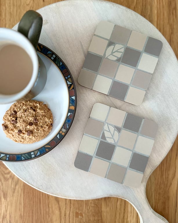 Coaster Set -Two Mosaic Chequerboard Coasters in Browns
