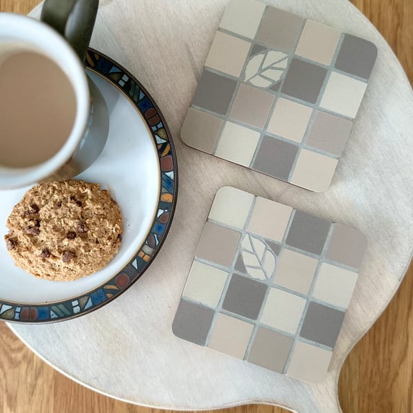 Coaster Set -Two Mosaic Chequerboard Coasters in Browns