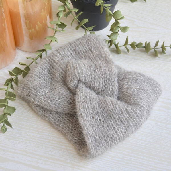 Knitted Wide Headband Soft As A Cloud Twisted Headband Alpaca Silk Palest Grey