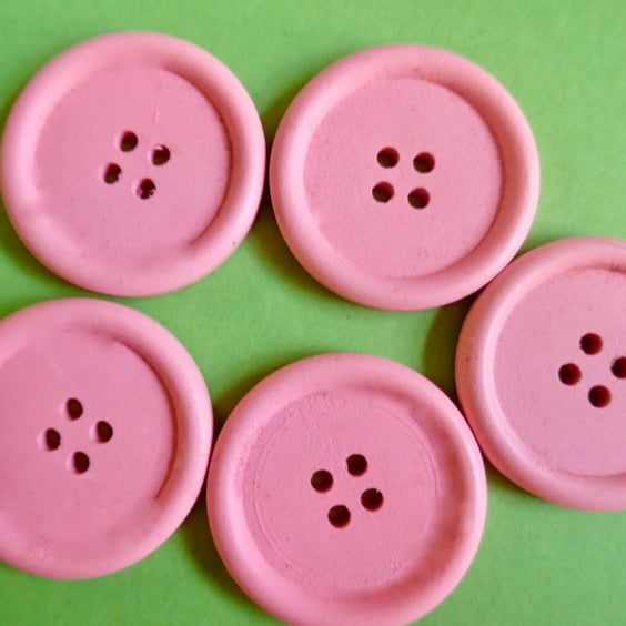 5 x 40mm Bright Pink  Wood Buttons 4 holes
