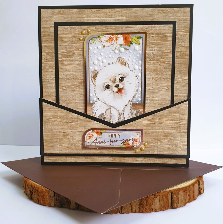"Happy Anni-fur-sary " Card, Puppy Love, Pomeranian, Black-Brown, Square, Blank