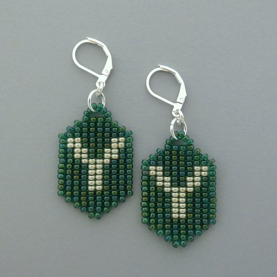 Letter Y glass beaded earrings with silver plated leverback hinged ear wires.   